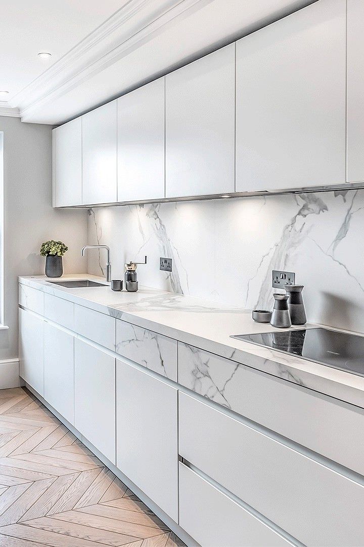کابینت مدرن سفید با طرح سینگ مرمر در دکوراسیون آشپزخانه