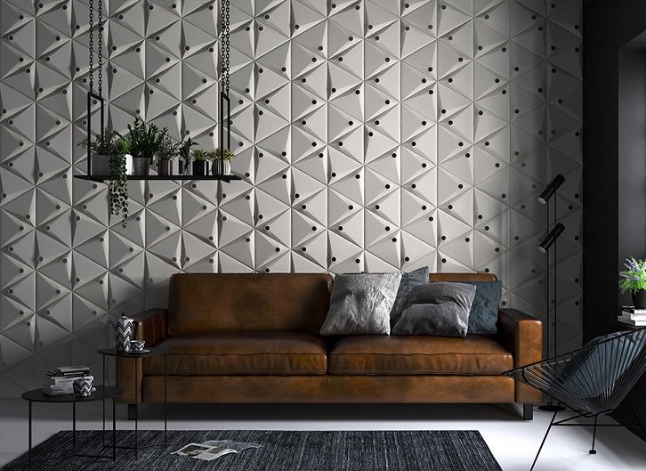 دیزاین دیوار پشت مبل نشیمن با پنل و دیوارپوش فومی سه بعدی