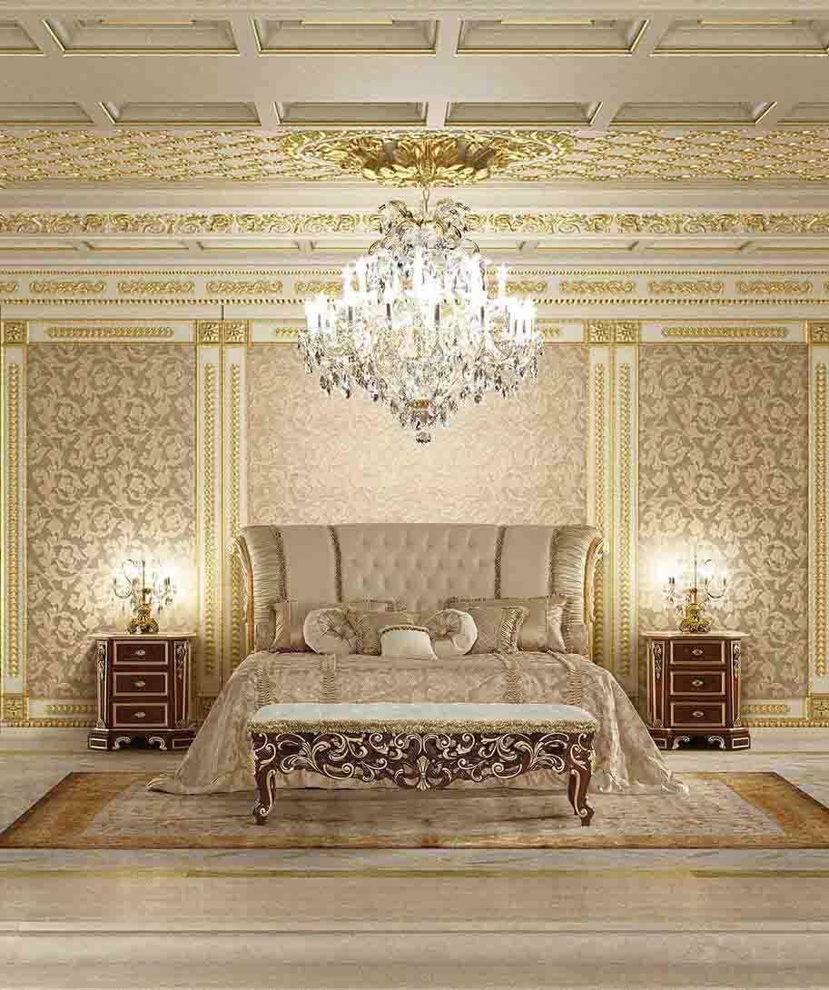 سبک دکوراسیون کلاسیک اتاق خواب که اثاثیه آن به صورت متقارن چیده شده اند