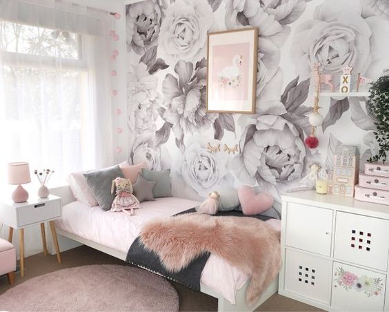 کاغذ دیواری اتاق نوجوان دختر با طرح گل