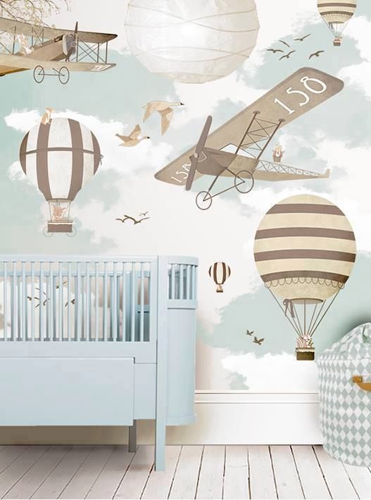 کاغذ دیواری اتاق نوزاد با طرح بالون و رنگ آبی آسمانی