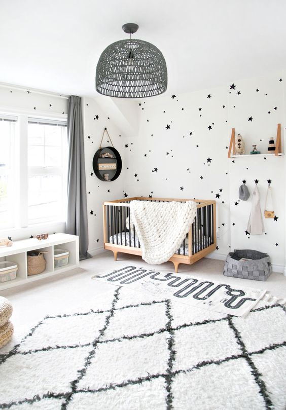 کاغذ دیواری اتاق نوزاد با طرح ستاره و رنگ سفید و مشکی