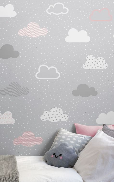 کاغذ دیواری اتاق کودک دختر با رنگ طوسی و طرح ابر