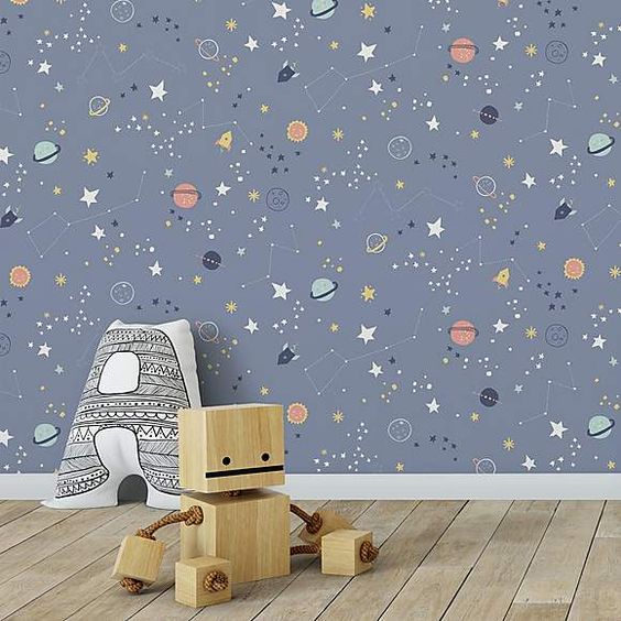 کاغذ دیواری اتاق کودک پسر با طرح کهکشانی و رنگ آبی