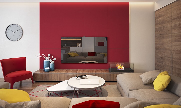 دکوراسیون نشیمن با دیوار تاکیدی قرمز که پشت تلویزیون را دیزاین کرده است