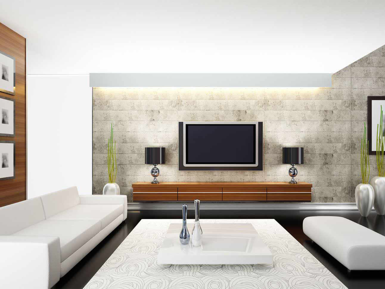 دکوراسیون دیوار پشت تلویزیون با آباژورهای رومیزی مشکی و فلزی
