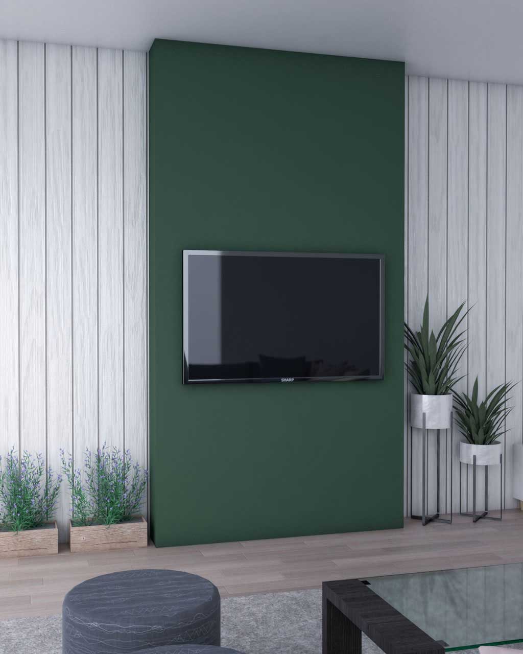 نقاشی دیوار پشت تلویزیون به رنگ سبز با طرح عمودی