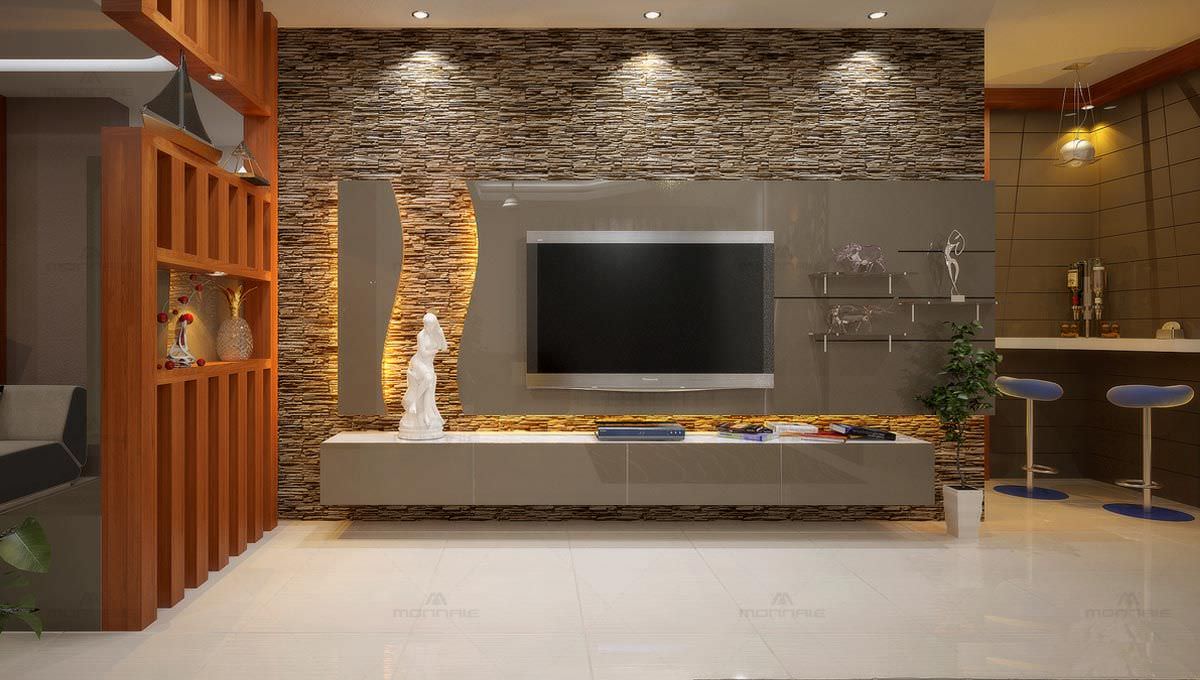 طراحی دیوار پشت تلویزیون با سنگ آنتیک و کناف و نور مخفی