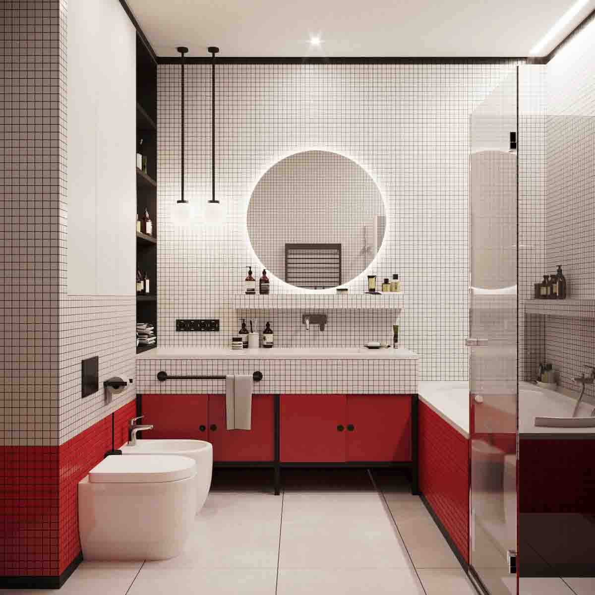 تزیین دیوار دستشویی با آینه نور دار که کاشی سرامیک های سفید و قرمز دارد