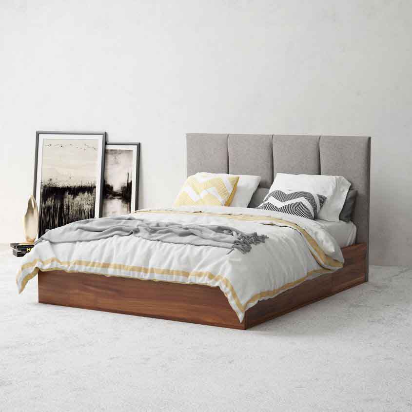 تخت خواب پارچه ای دو نفره رنگ طوسی و فریم چوبی