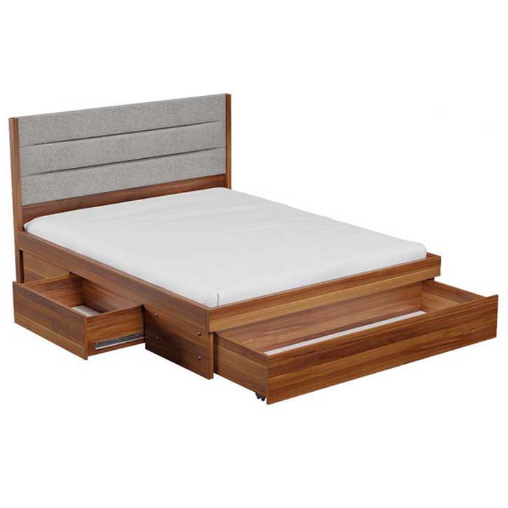 تخت خواب دو نفره چوبی کشودار گردویی ساده و مدرن با تاج پارچه ای