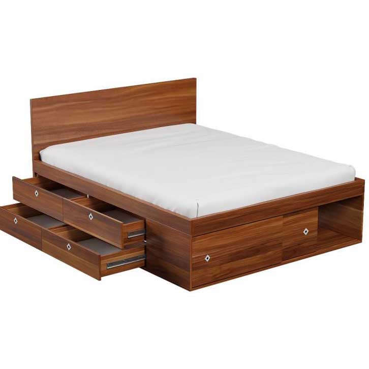 تخت خواب چوبی ام دی اف دو نفره گردویی و کشو دار مدل کژال k201 سایز 140