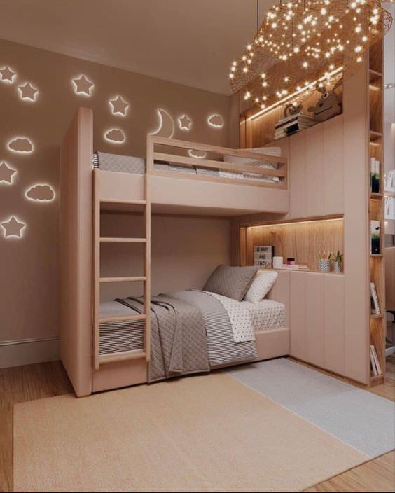 اتاق خواب مشترک بین دو دختر با تخت دو طبقه صورتی