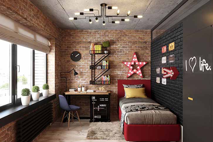 دیزاین اتاق خواب پسرانه جوان به سبک صنعتی با دیوارپوش های آجری و تخت پارچه ای قرمز