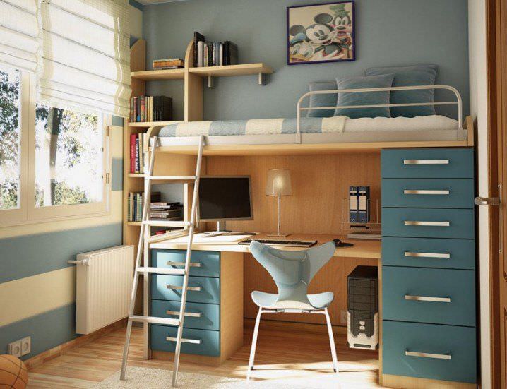 اتاق خواب پسرانه نوجوان آبی مدرن با تخت و میز دو طبقه چوبی