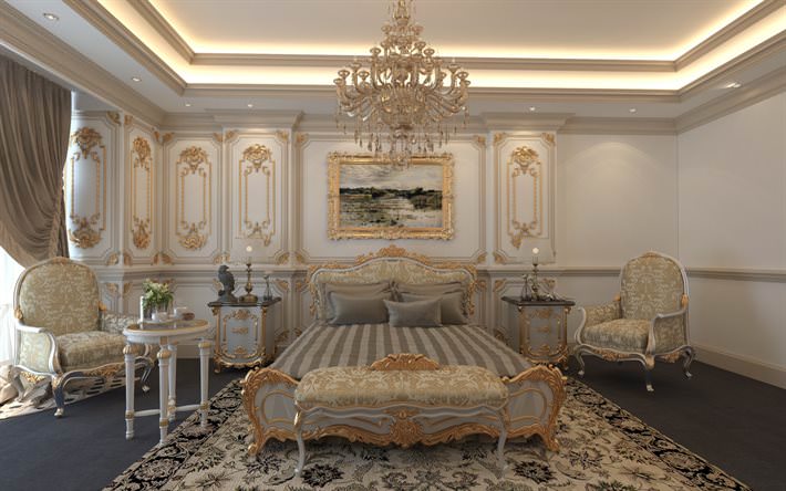 اتاق خواب کلاسیک سلطنتی سفید طلایی با اکسسوری های آنتیک