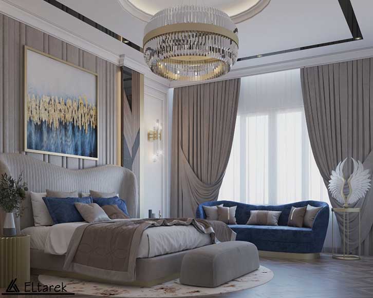 اتاق خواب نئوکلاسیک مدرن بژ آبی بوکس