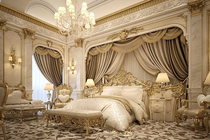 اتاق خواب کلاسیک سلطنتی کرم طلایی با تخت چوبی کلاسیک