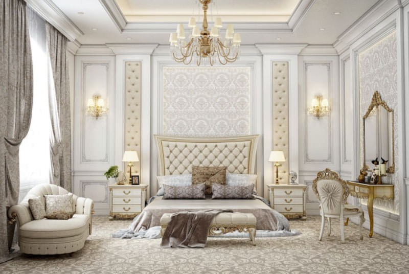 اتاق خواب نئوکلاسیک سلطنتی سفید کرم با تخت و دیوار لمسه کاری شده