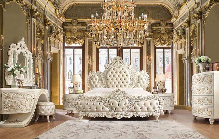 اتاق خواب کلاسیک سلطنتی سفید قهوه ای با تخت چوبی لمسه کاری شده