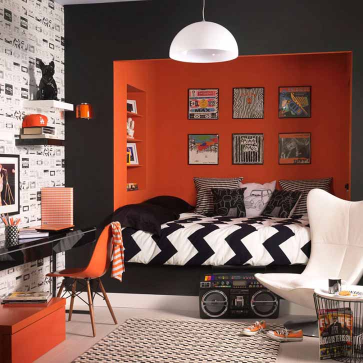اتاق خواب پسرانه نوجوان مشکی نارنجی مدرن با تم موسیقی