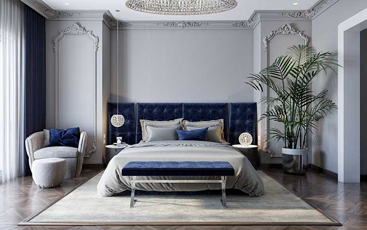 اتاق خواب نئوکلاسیک مدرن طوسی آبی با تاج تخت لمسه کاری شده