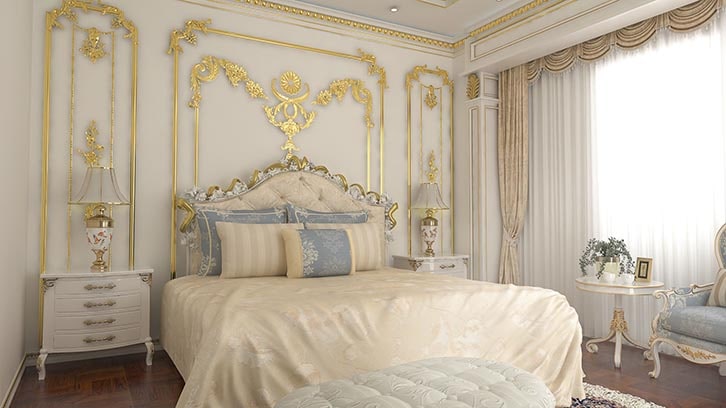 اتاق خواب کلاسیک سلطنتی سفید طلایی با کوسن های آبی