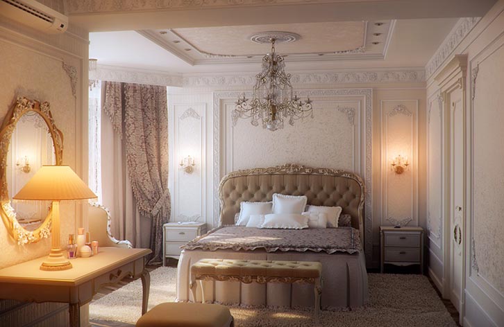 اتاق خواب کلاسیک سلطنتی سفید کرم با چراغ دیوارکوب و آباژور رومیزی