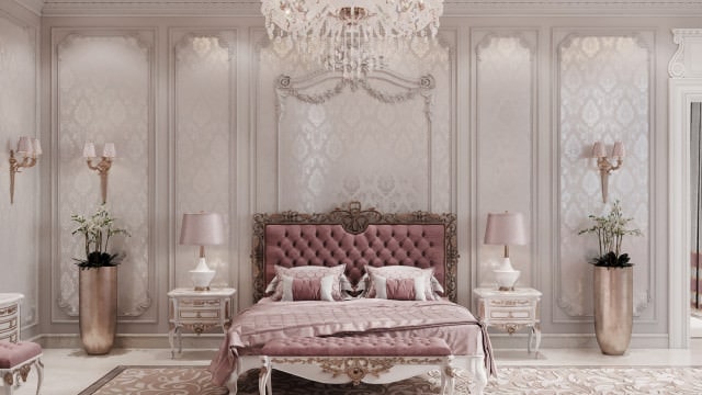 اتاق خواب کلاسیک سلطنتی سفید با تخت لمسه کاری شده گلبهی
