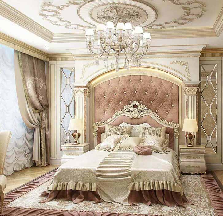 اتاق خواب کلاسیک سلطنتی کرم سفید با دیوار تاکیدی لمسه کاری شده گلبهی