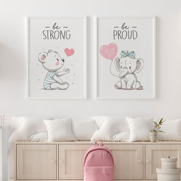 تابلو اتاق کودک دخترانه سفید صورتی دو تکه طرح خرس و فیل