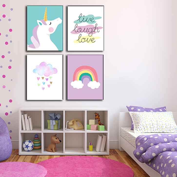تابلو اتاق کودک دخترانه سفید صورتی طرح رنگین کمان و اسب تک شاخ
