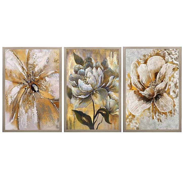 تابلو دکوراتیو مدرن سفید طلایی سه تکه طرح گل