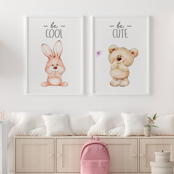 تابلو اتاق نوزاد دو تکه سفید طرح خرس و خرگوش