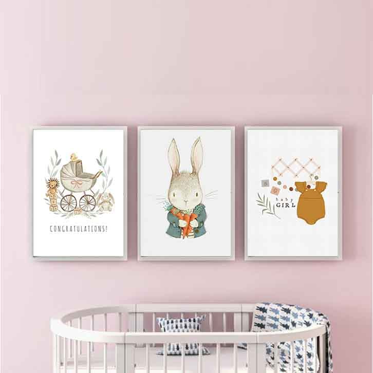 تابلو اتاق نوزاد سه تکه طرح خرگوش و کالسکه