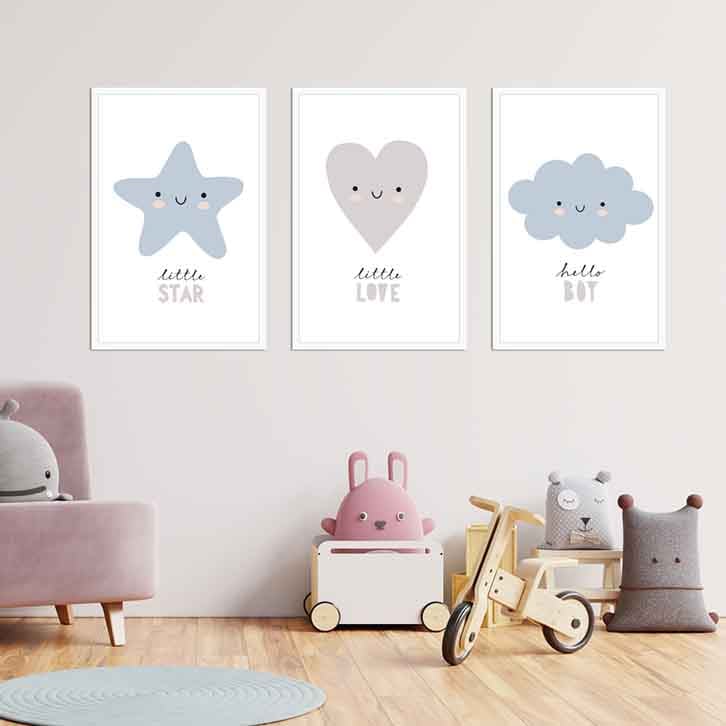 تابلو اتاق نوزاد سه تکه طرح ستاره و قلب و ابر