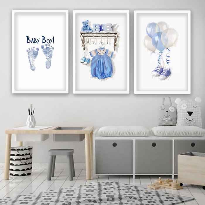 تابلو اتاق نوزاد پسرانه سفید آبی سه تکه فانتزی