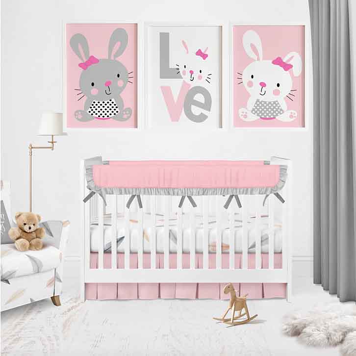 تابلو اتاق نوزاد دخترانه سفید صورتی طرح خرگوش سه تکه