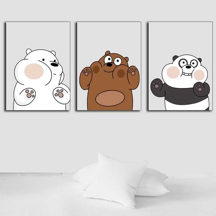 تابلو اتاق کودک پسرانه سه تکه طرح حیوانات خرس قهوه ای و سفید و پاندا