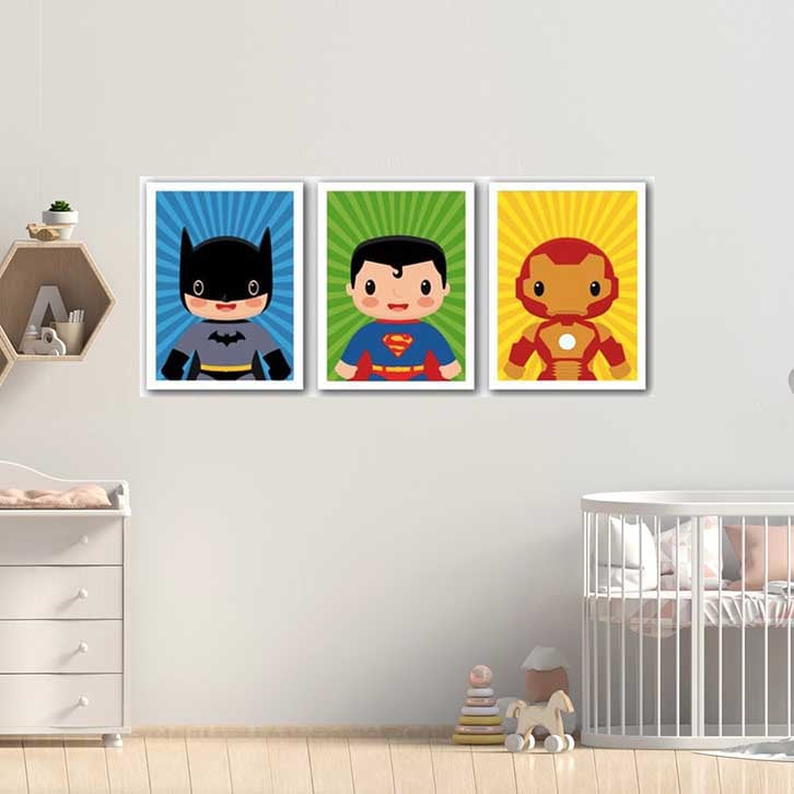 تابلو اتاق کودک پسرانه سه تکه طرح شخصیت های کارتونی بتمن و سوپرمن