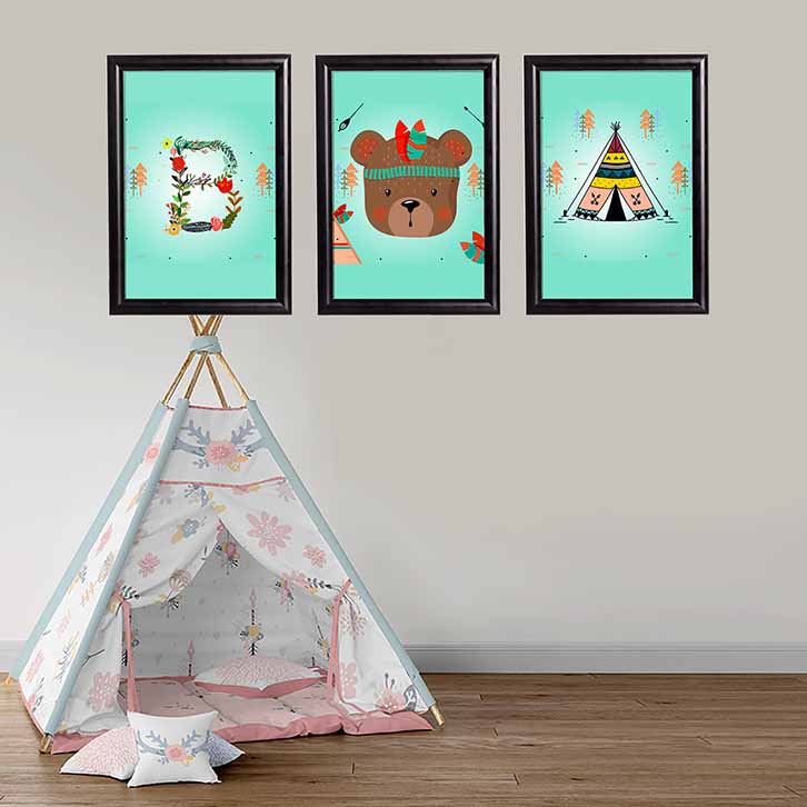 تابلو اتاق کودک پسرانه سه تکه آبی طرح خرس و چادر سرخپوستی