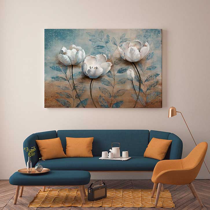تابلو اتاق خواب دکوراتیو مدرن یک تکه آبی سفید طرح گل