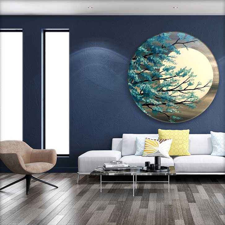 تابلو اتاق خواب دکوراتیو مدرن دایره ای طوسی آبی طرح ماه و درخت