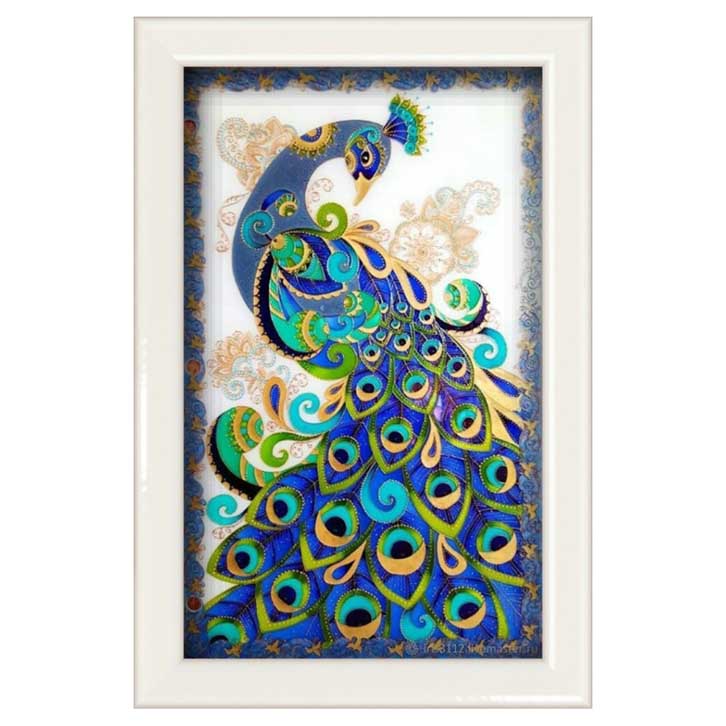 تابلو ویترای مدرن یک تکه با قاب سفید آبی سبز طرح طاووس