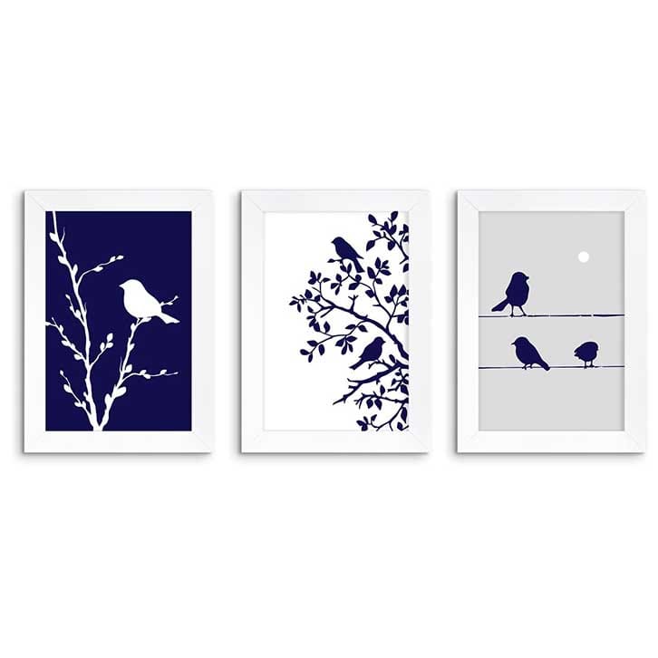 تابلوی ویترای مدرن سفید آبی سه تکه طرح درخت و گنجشک