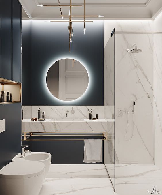 سرویس بهداشتی و حمام مدرن سرمه ای و طرح سنگ مرمر سفید با آینه بدون قاب گرد
