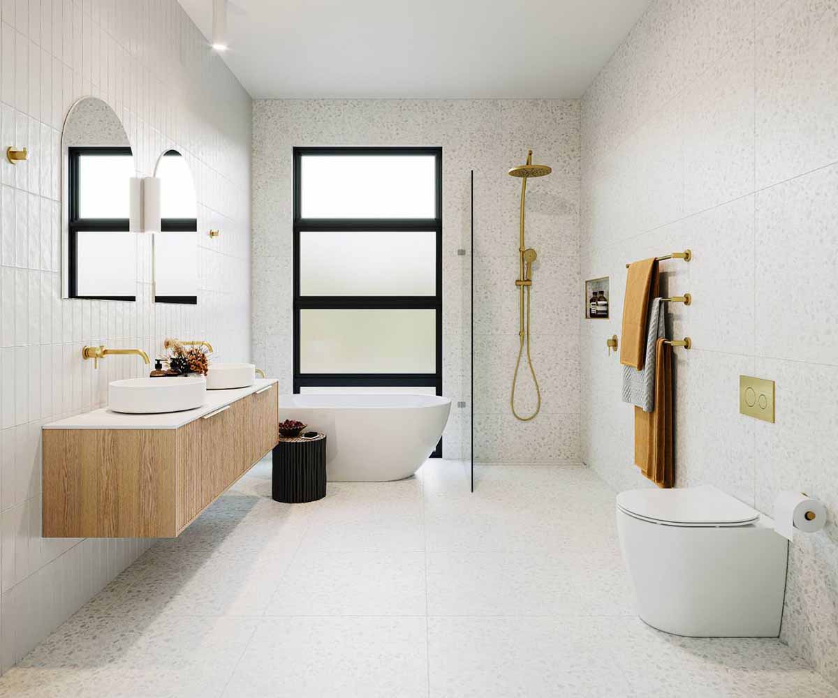 سرویس بهداشتی و حمام مدرن با اتاق دوش شیشه ای، روشویی کابینت دار بدون پایه، وان و توالت فرنگی سفید