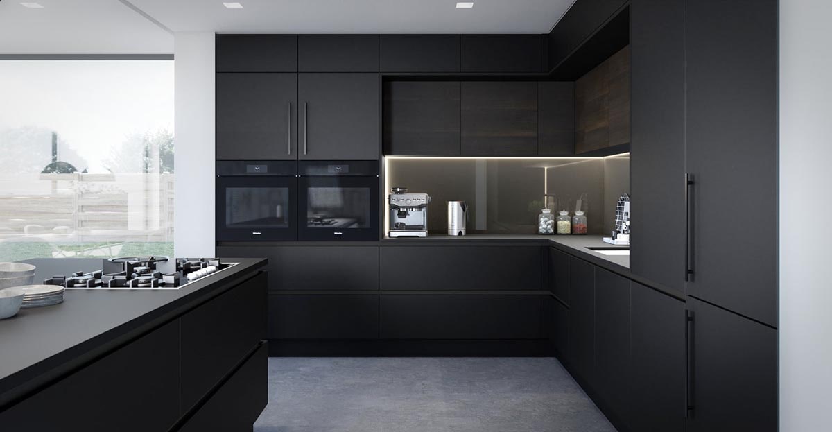 طراحی آشپزخانه مدرن و شیک با کابینت تیره مشکی و بین کابینتی و صفحه پیشخوان مشابه