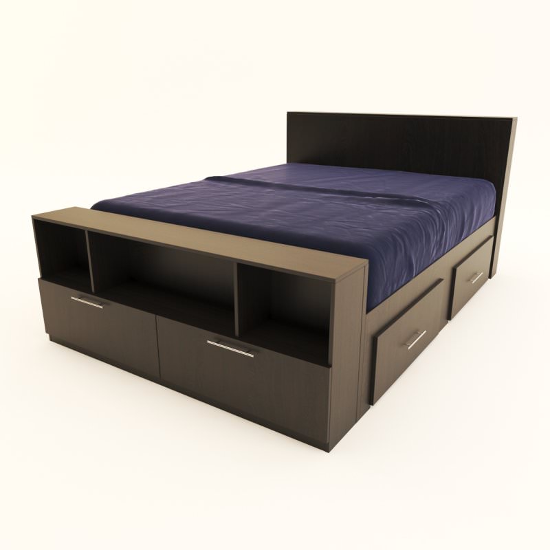 تخت خواب چوبی ملامینه دو نفره قهوه ای تیره قفسه و کشودار سایز 160 کویین