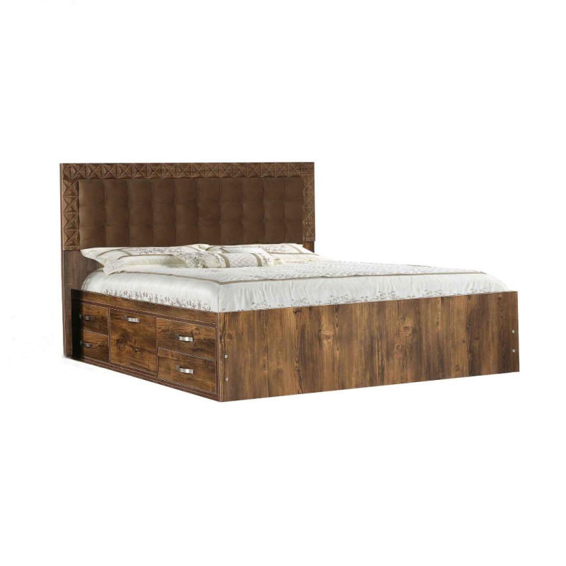 تخت خواب چوبی دو نفره قهوه ای با کشو و تاج لمسه ای سایز 160 کویین